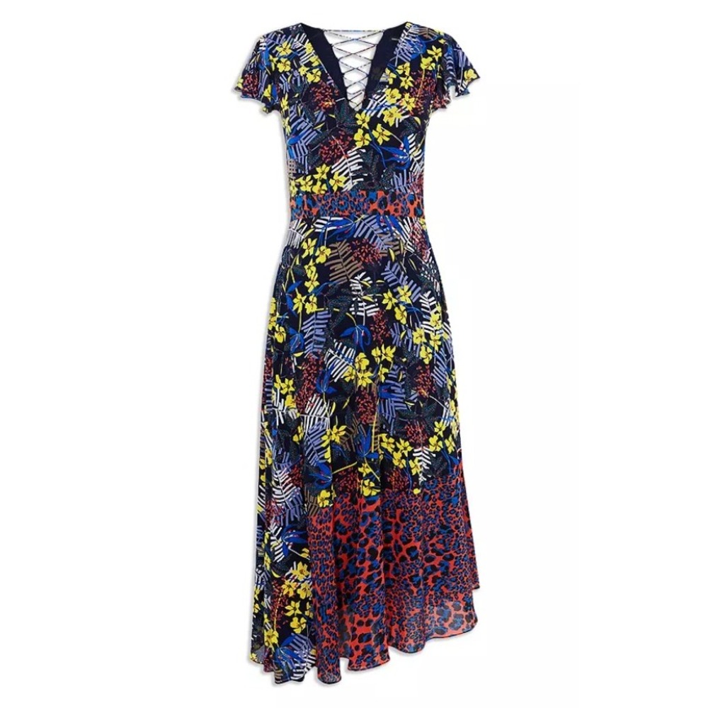 Karen Millen Mixed Print Lace-Up Midi Dress Floral‎ Leopard Multi Asymmetrical 2